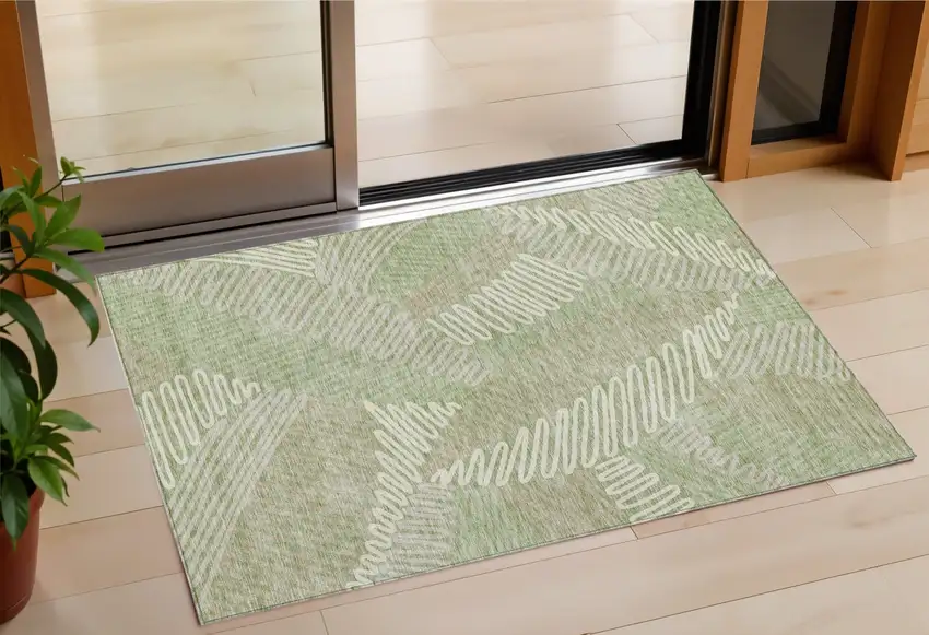 Artichoke Green Brown And Ivory Floral Washable Indoor Outdoor Area Rug Photo 1