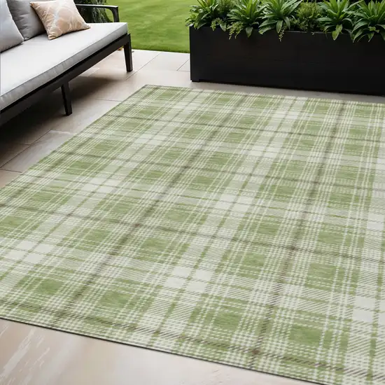 Artichoke Green Brown And Ivory Plaid Washable Indoor Outdoor Area Rug Photo 1