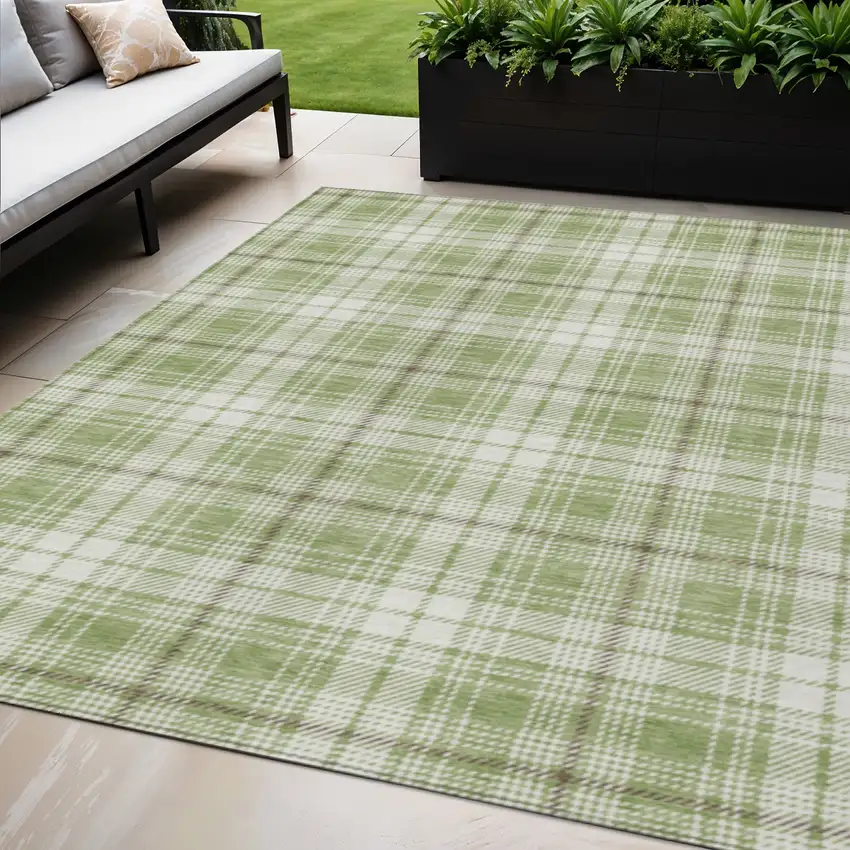 Artichoke Green Brown And Ivory Plaid Washable Indoor Outdoor Area Rug Photo 1