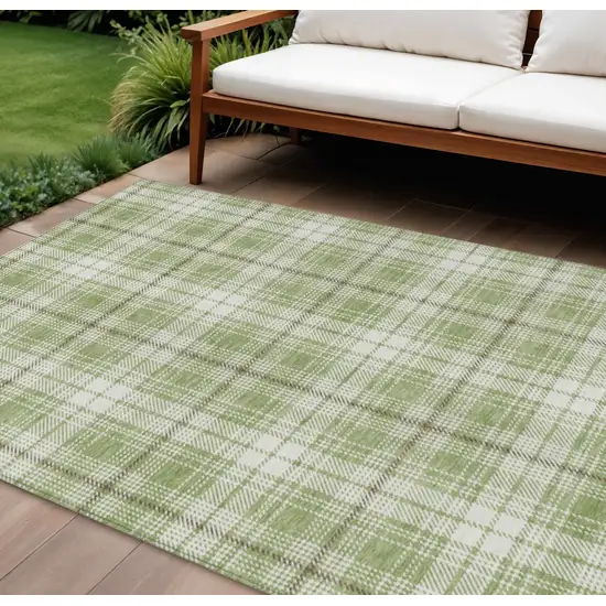 Artichoke Green Brown And Ivory Plaid Washable Indoor Outdoor Area Rug Photo 1