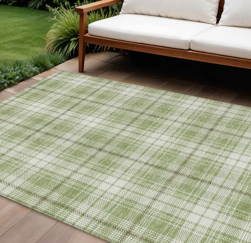 Artichoke Green Brown And Ivory Plaid Washable Indoor Outdoor Area Rug Photo 1