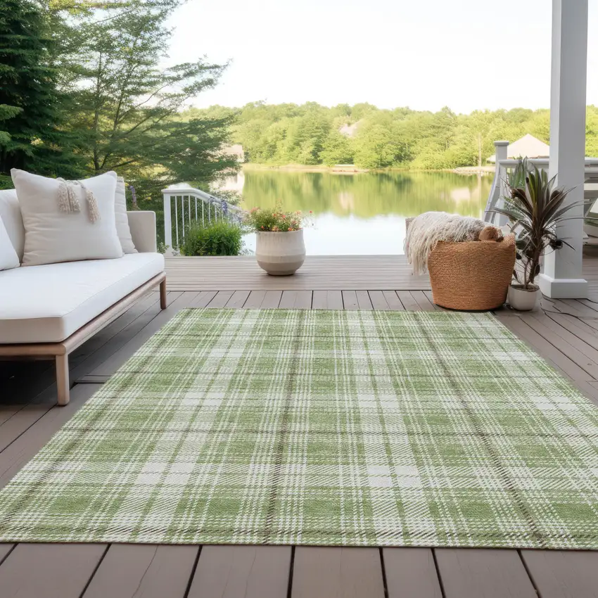 Artichoke Green Brown And Ivory Plaid Washable Indoor Outdoor Area Rug Photo 9
