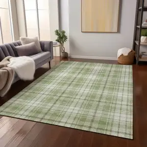 Photo of Artichoke Green Brown And Ivory Plaid Washable Indoor Outdoor Area Rug
