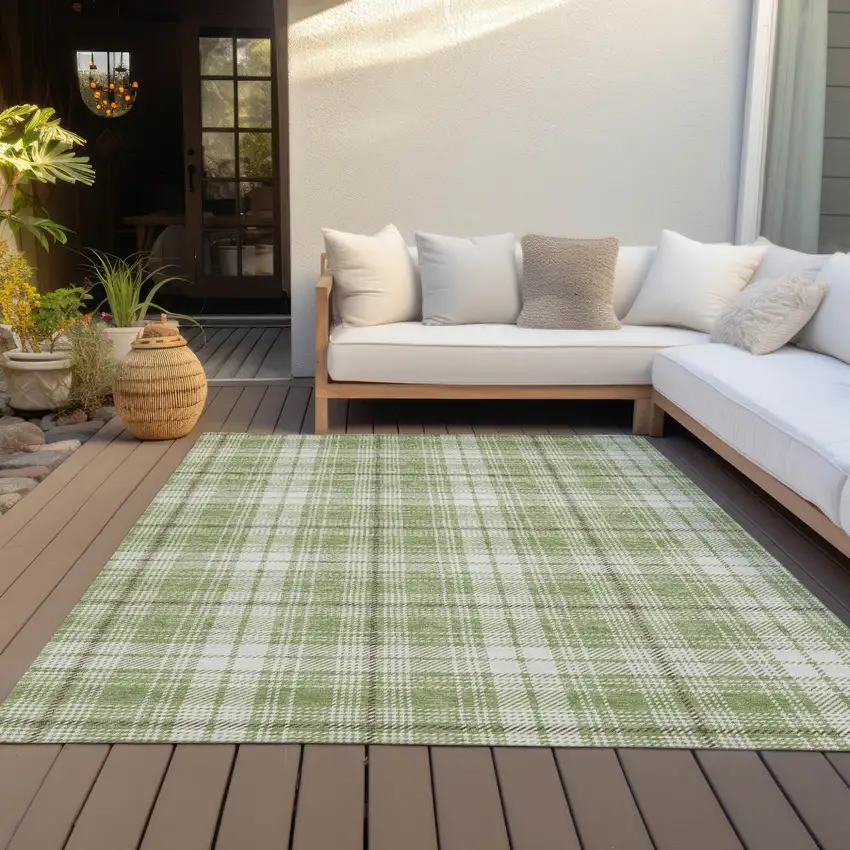 Artichoke Green Brown And Ivory Plaid Washable Indoor Outdoor Area Rug Photo 7