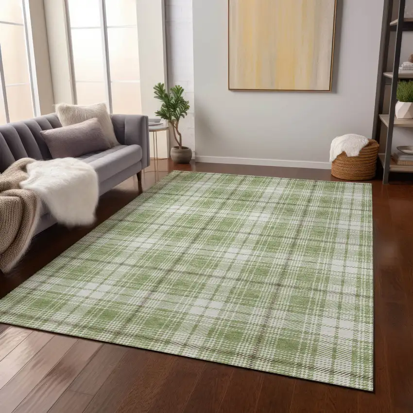 Artichoke Green Brown And Ivory Plaid Washable Indoor Outdoor Area Rug Photo 8