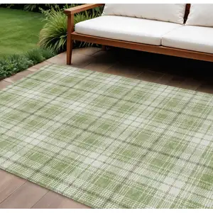 Photo of Artichoke Green Brown And Ivory Plaid Washable Indoor Outdoor Area Rug
