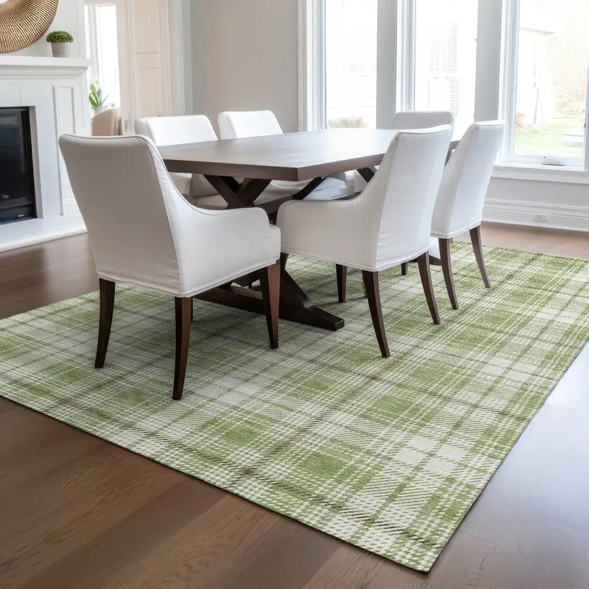 Artichoke Green Brown And Ivory Plaid Washable Indoor Outdoor Area Rug Photo 9