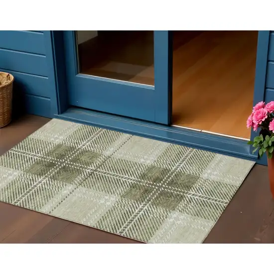 Artichoke Green Brown And Ivory Plaid Washable Indoor Outdoor Area Rug Photo 1
