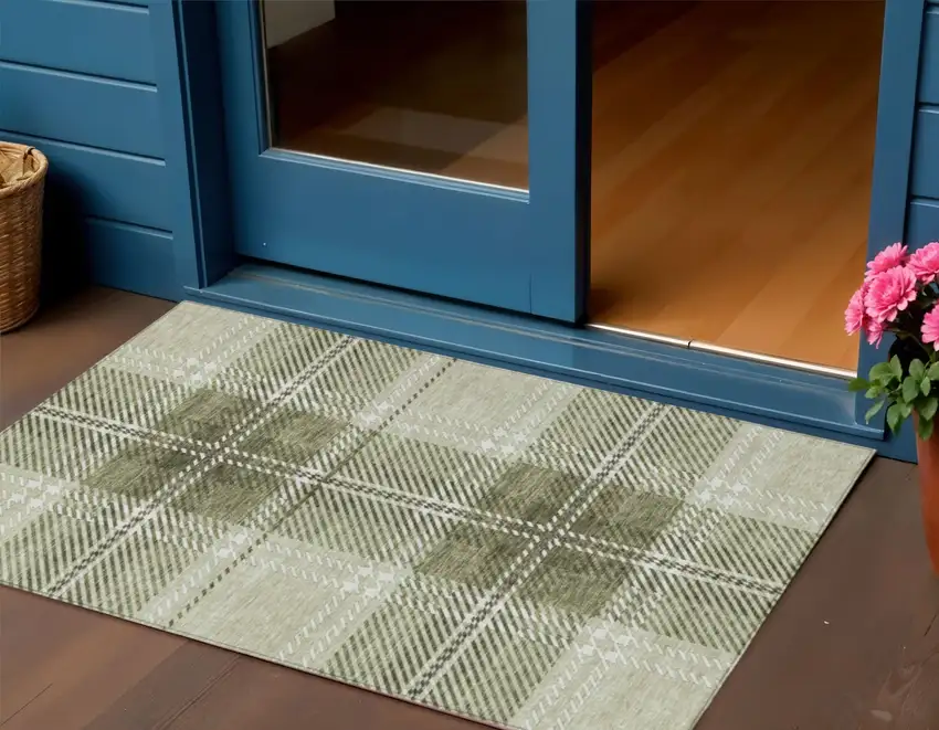 Artichoke Green Brown And Ivory Plaid Washable Indoor Outdoor Area Rug Photo 1