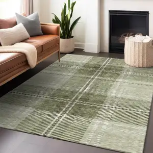 Photo of Artichoke Green Brown And Ivory Plaid Washable Indoor Outdoor Area Rug