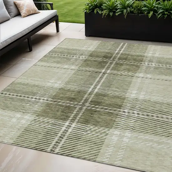Artichoke Green Brown And Ivory Plaid Washable Indoor Outdoor Area Rug Photo 1