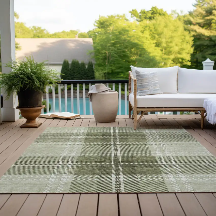 Artichoke Green Brown And Ivory Plaid Washable Indoor Outdoor Area Rug Photo 9