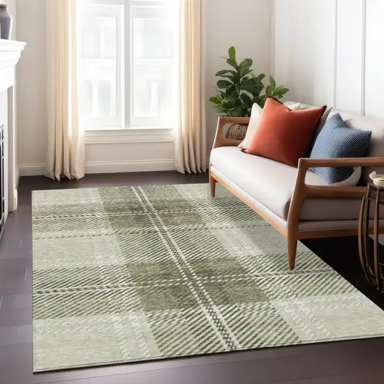 Artichoke Green Brown And Ivory Plaid Washable Indoor Outdoor Area Rug Photo 9