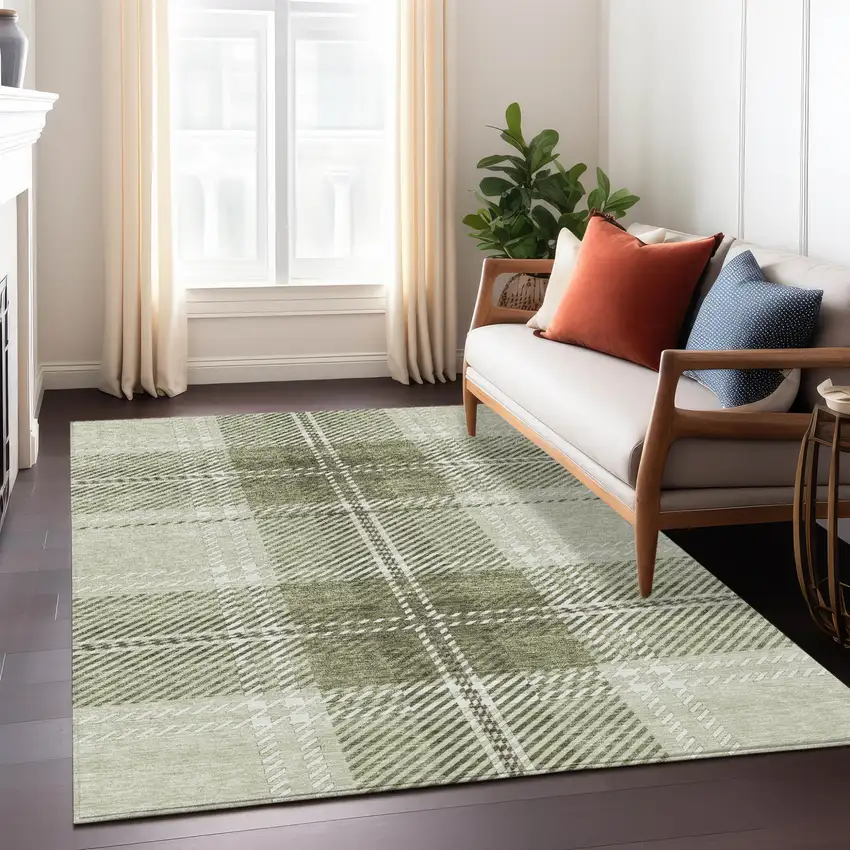 Artichoke Green Brown And Ivory Plaid Washable Indoor Outdoor Area Rug Photo 9