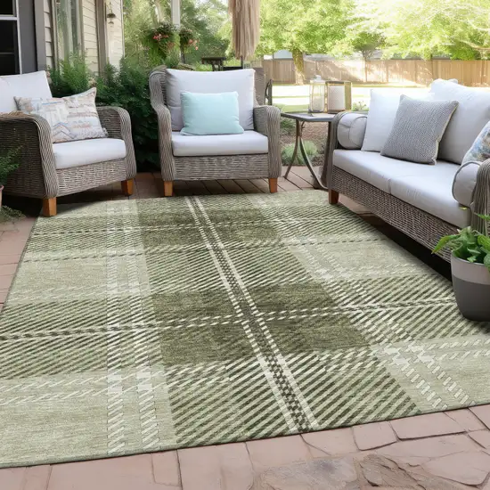 Artichoke Green Brown And Ivory Plaid Washable Indoor Outdoor Area Rug Photo 8