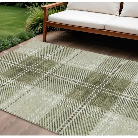 Artichoke Green Brown And Ivory Plaid Washable Indoor Outdoor Area Rug Photo 1