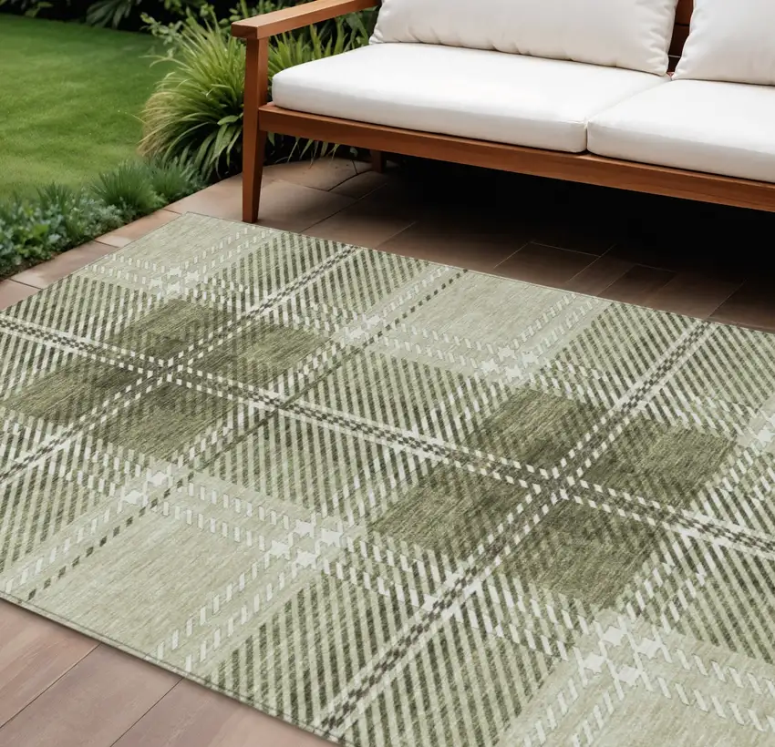 Artichoke Green Brown And Ivory Plaid Washable Indoor Outdoor Area Rug Photo 1