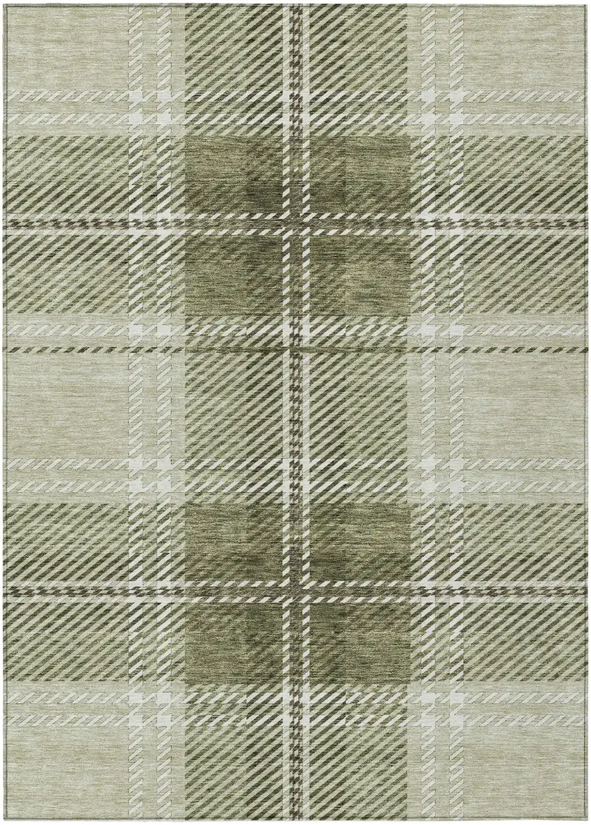Artichoke Green Brown And Ivory Plaid Washable Indoor Outdoor Area Rug Photo 2