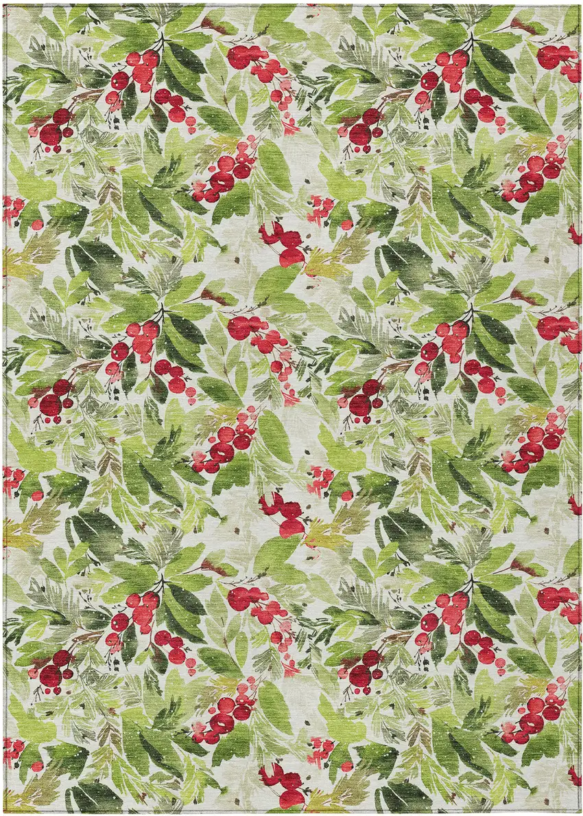 Artichoke Green Burgundy And Ivory Botanical Leaves Washable Indoor Outdoor Area Rug Photo 9