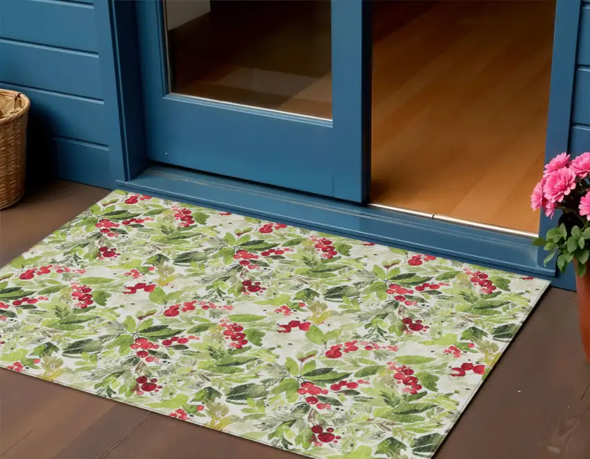 Artichoke Green Burgundy And Ivory Botanical Leaves Washable Indoor Outdoor Area Rug Photo 2