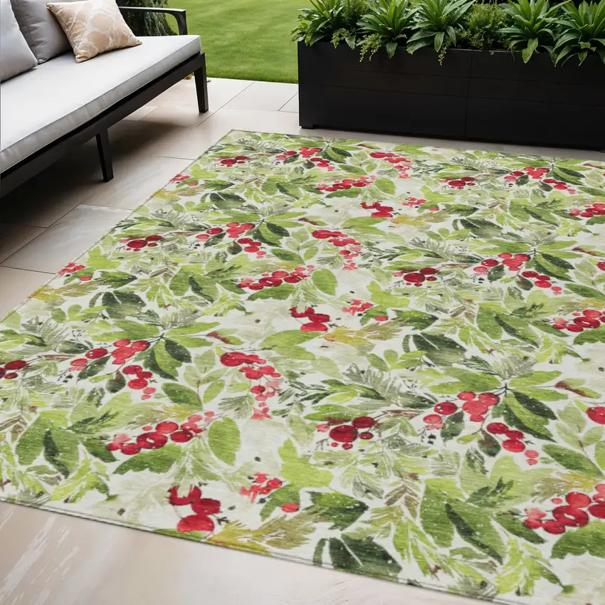 Artichoke Green Burgundy And Ivory Botanical Leaves Washable Indoor Outdoor Area Rug Photo 2