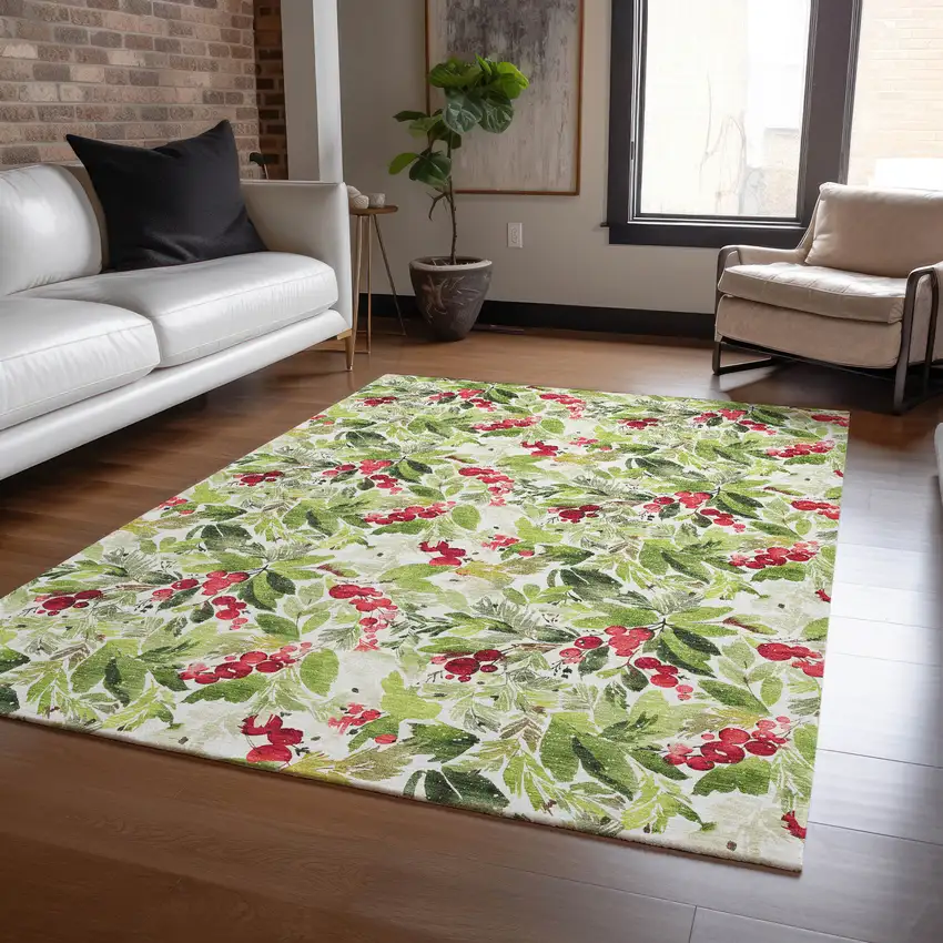 Artichoke Green Burgundy And Ivory Botanical Leaves Washable Indoor Outdoor Area Rug Photo 5