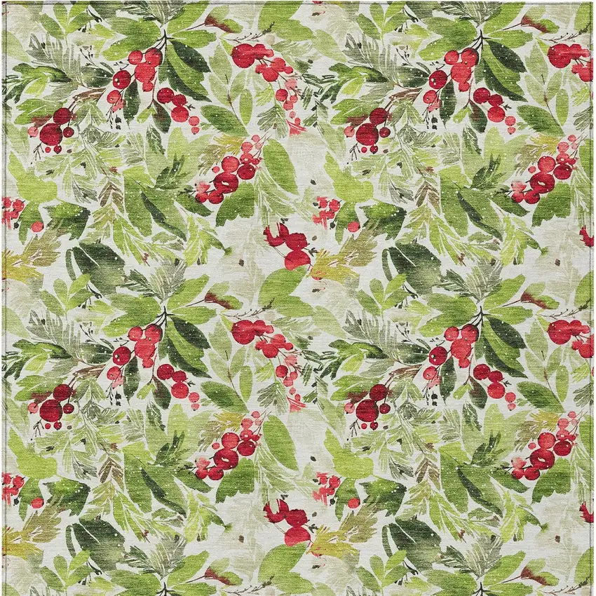 Artichoke Green Burgundy And Ivory Botanical Leaves Washable Indoor Outdoor Area Rug Photo 9