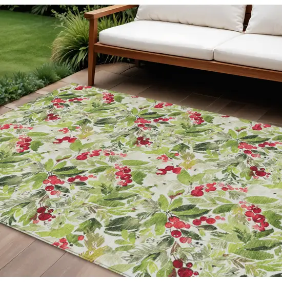 Artichoke Green Burgundy And Ivory Botanical Leaves Washable Indoor Outdoor Area Rug Photo 2