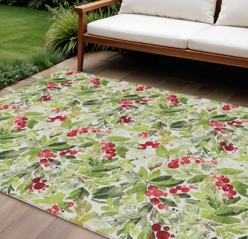 Artichoke Green Burgundy And Ivory Botanical Leaves Washable Indoor Outdoor Area Rug Photo 2