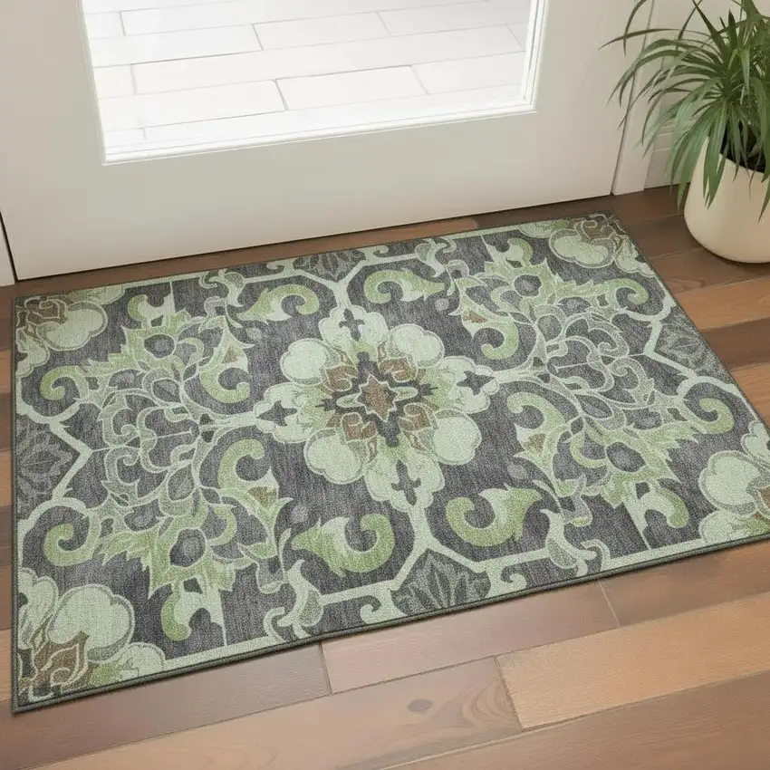 Artichoke Green Charcoal And Gray Floral Medallion Washable Area Rug With UV Protection Photo 2