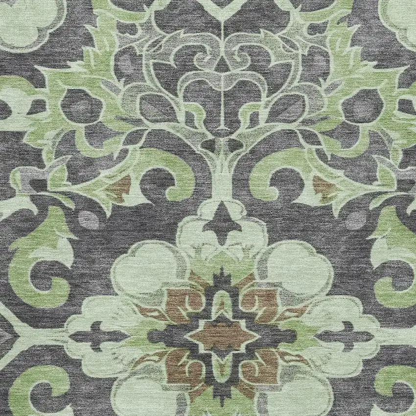Artichoke Green Charcoal And Gray Floral Medallion Washable Area Rug With UV Protection Photo 3