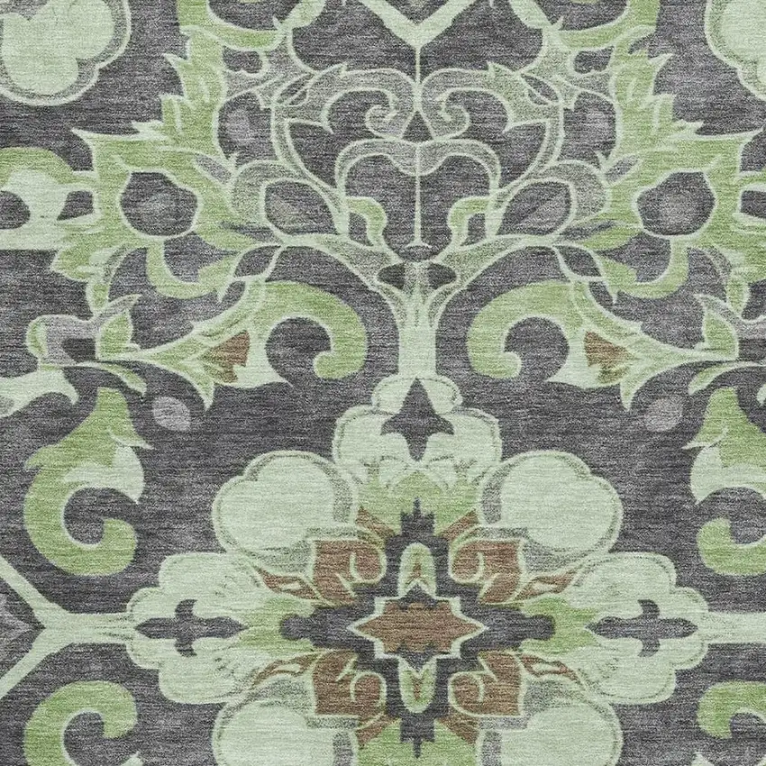 Artichoke Green Charcoal And Gray Floral Medallion Washable Area Rug With UV Protection Photo 3