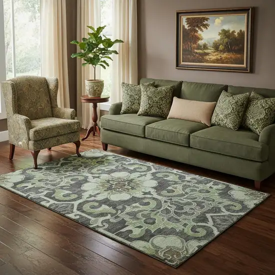 Artichoke Green Charcoal And Gray Floral Medallion Washable Area Rug With UV Protection Photo 2