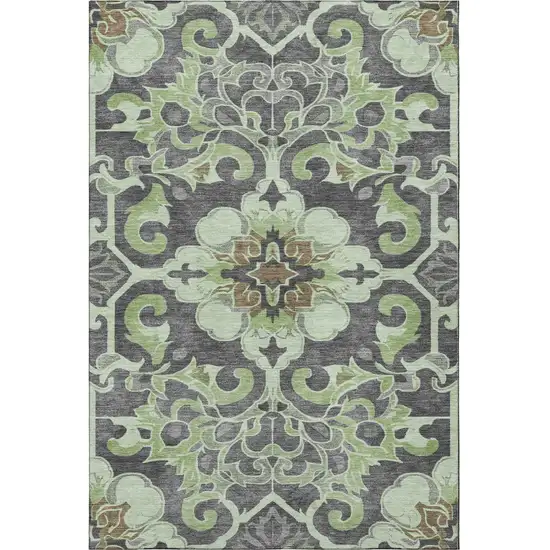 Artichoke Green Charcoal And Gray Floral Medallion Washable Area Rug With UV Protection Photo 4
