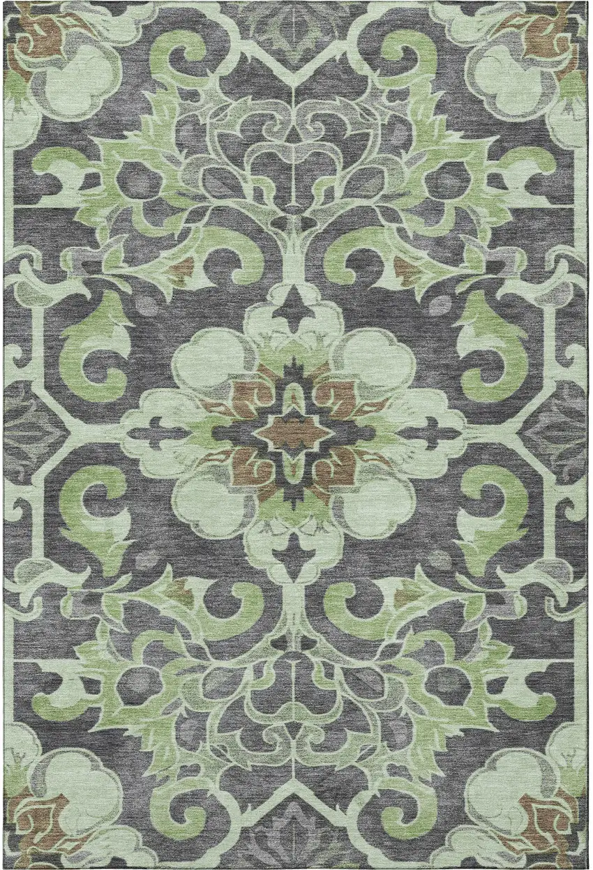 Artichoke Green Charcoal And Gray Floral Medallion Washable Area Rug With UV Protection Photo 4
