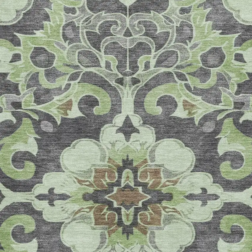 Artichoke Green Charcoal And Gray Floral Medallion Washable Area Rug With UV Protection Photo 3