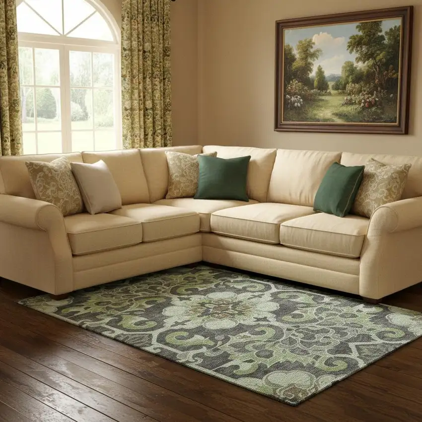 Artichoke Green Charcoal And Gray Floral Medallion Washable Area Rug With UV Protection Photo 2