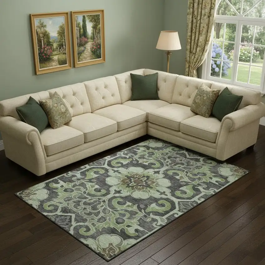 Artichoke Green Charcoal And Gray Floral Medallion Washable Area Rug With UV Protection Photo 2