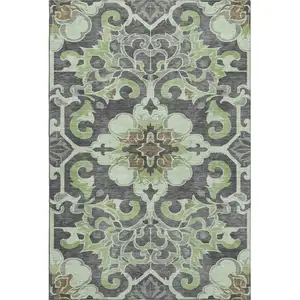 Photo of Artichoke Green Charcoal And Gray Floral Medallion Washable Area Rug With UV Protection