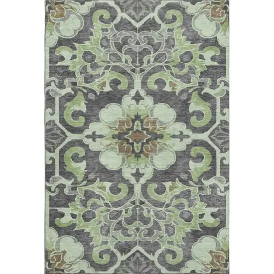 Artichoke Green Charcoal And Gray Floral Medallion Washable Area Rug With UV Protection Photo 1