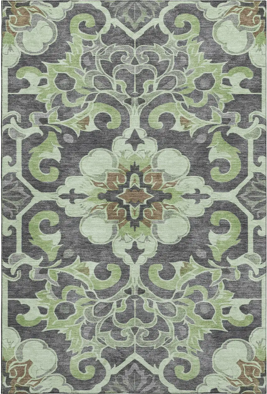 Artichoke Green Charcoal And Gray Floral Medallion Washable Area Rug With UV Protection Photo 2