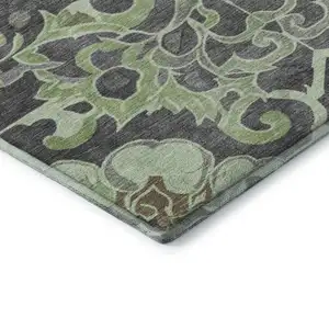 Photo of Artichoke Green Charcoal And Gray Floral Medallion Washable Area Rug With UV Protection