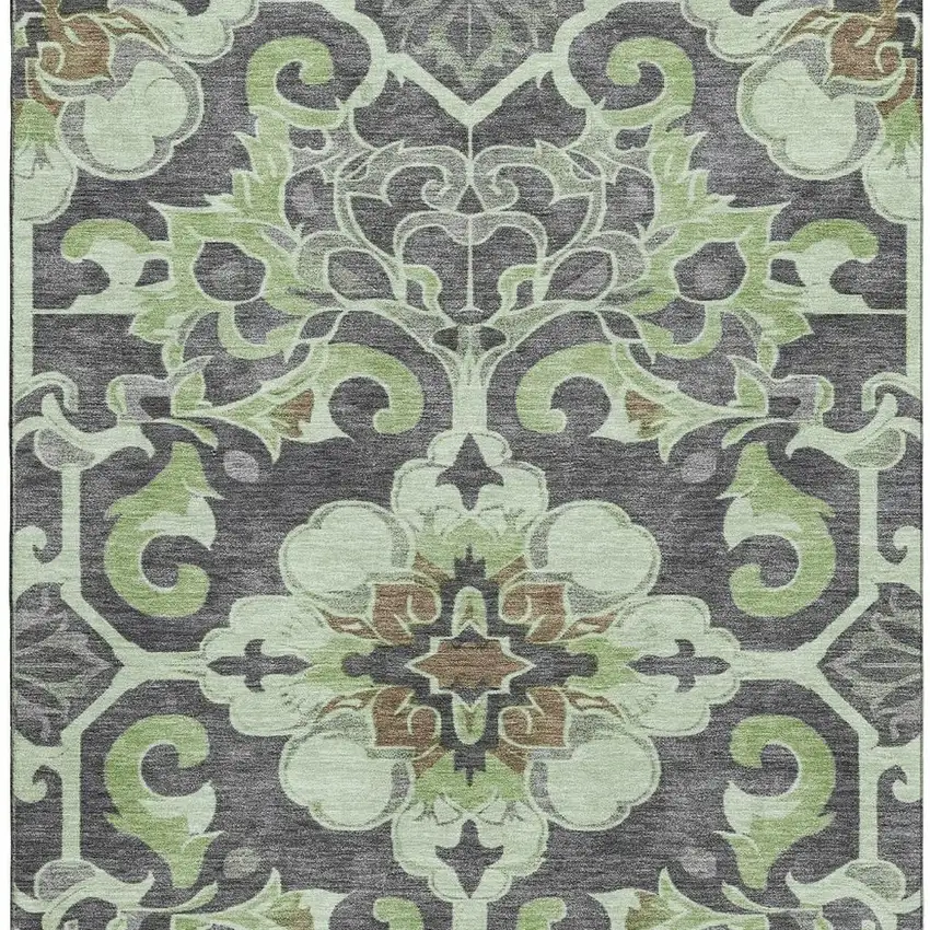 Artichoke Green Charcoal And Gray Floral Medallion Washable Area Rug With UV Protection Photo 3
