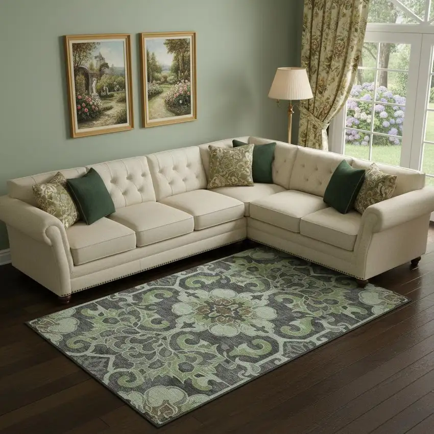 Artichoke Green Charcoal And Gray Floral Medallion Washable Area Rug With UV Protection Photo 2