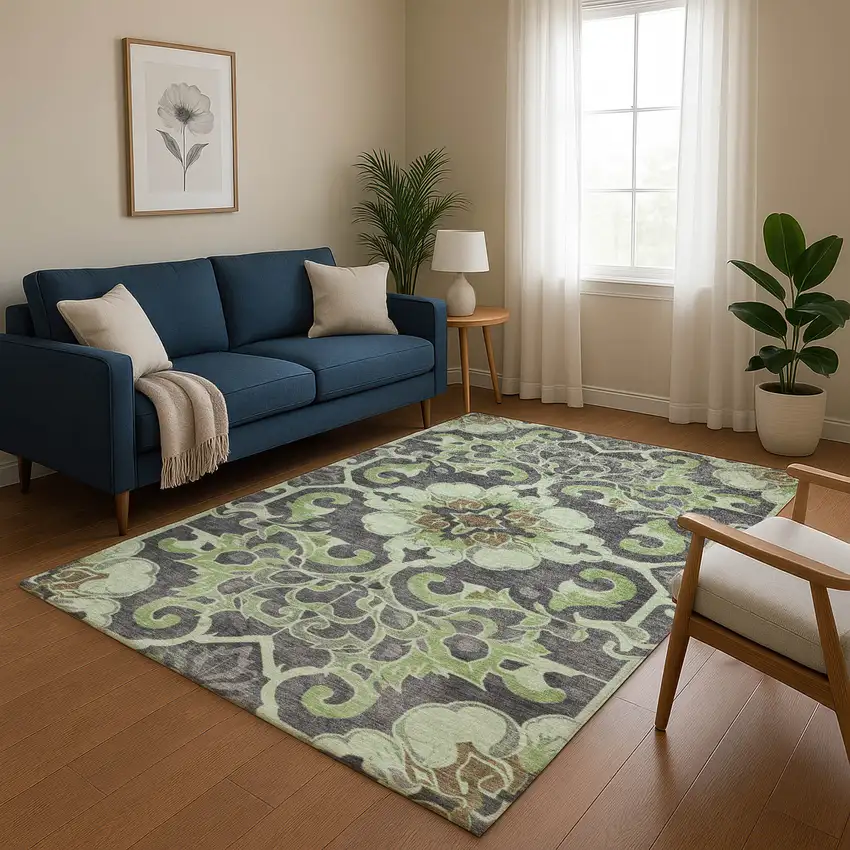 Artichoke Green Charcoal And Gray Floral Medallion Washable Area Rug With UV Protection Photo 5