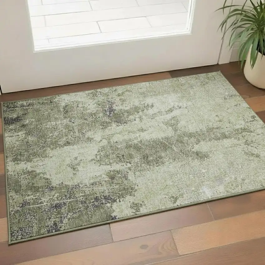 Artichoke Green Charcoal And Ivory Abstract Washable Area Rug With UV Protection Photo 2