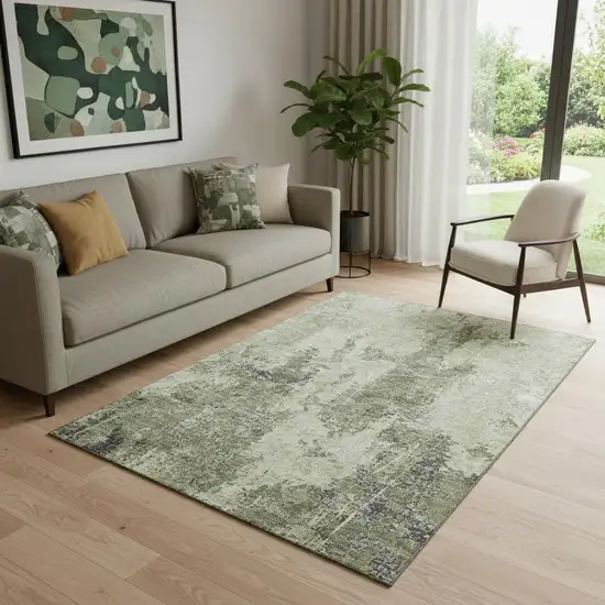 Artichoke Green Charcoal And Ivory Abstract Washable Area Rug With UV Protection Photo 2