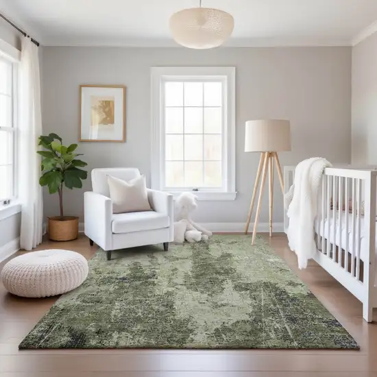 Artichoke Green Charcoal And Ivory Abstract Washable Area Rug With UV Protection Photo 5