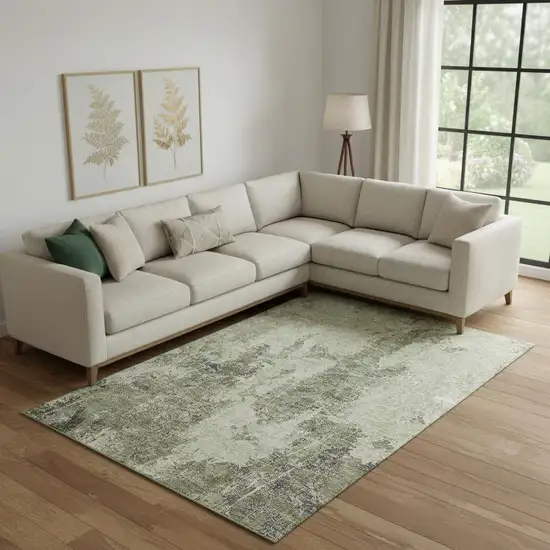 Artichoke Green Charcoal And Ivory Abstract Washable Area Rug With UV Protection Photo 2