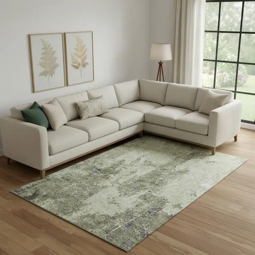 Artichoke Green Charcoal And Ivory Abstract Washable Area Rug With UV Protection Photo 2